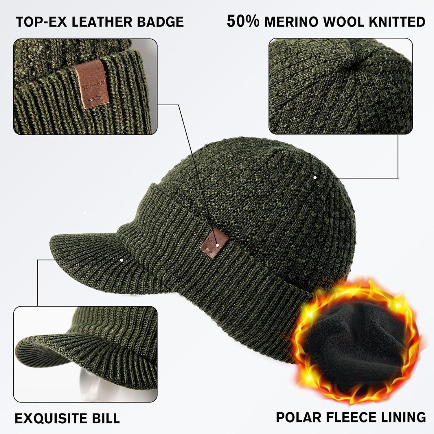 imageTOPEX DryKnit Waterproof 50 Merino Wool Visor Beanie Hat for Men Fleece Lined Winter Hat with Brim for Big Heads6 Olive Green Waterproof