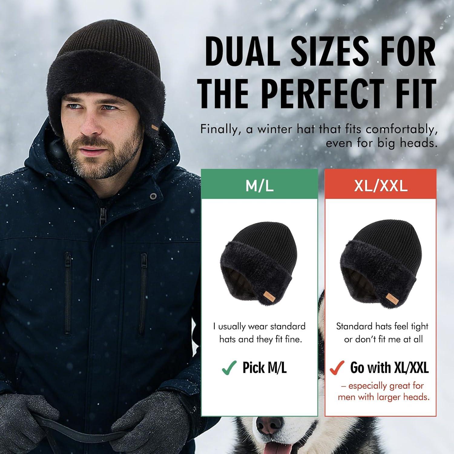 imageTOPEX DryKnit Waterproof Fleece Lined Beanie with Ear Flaps  Merino Wool Thermal Hat for MenBlack