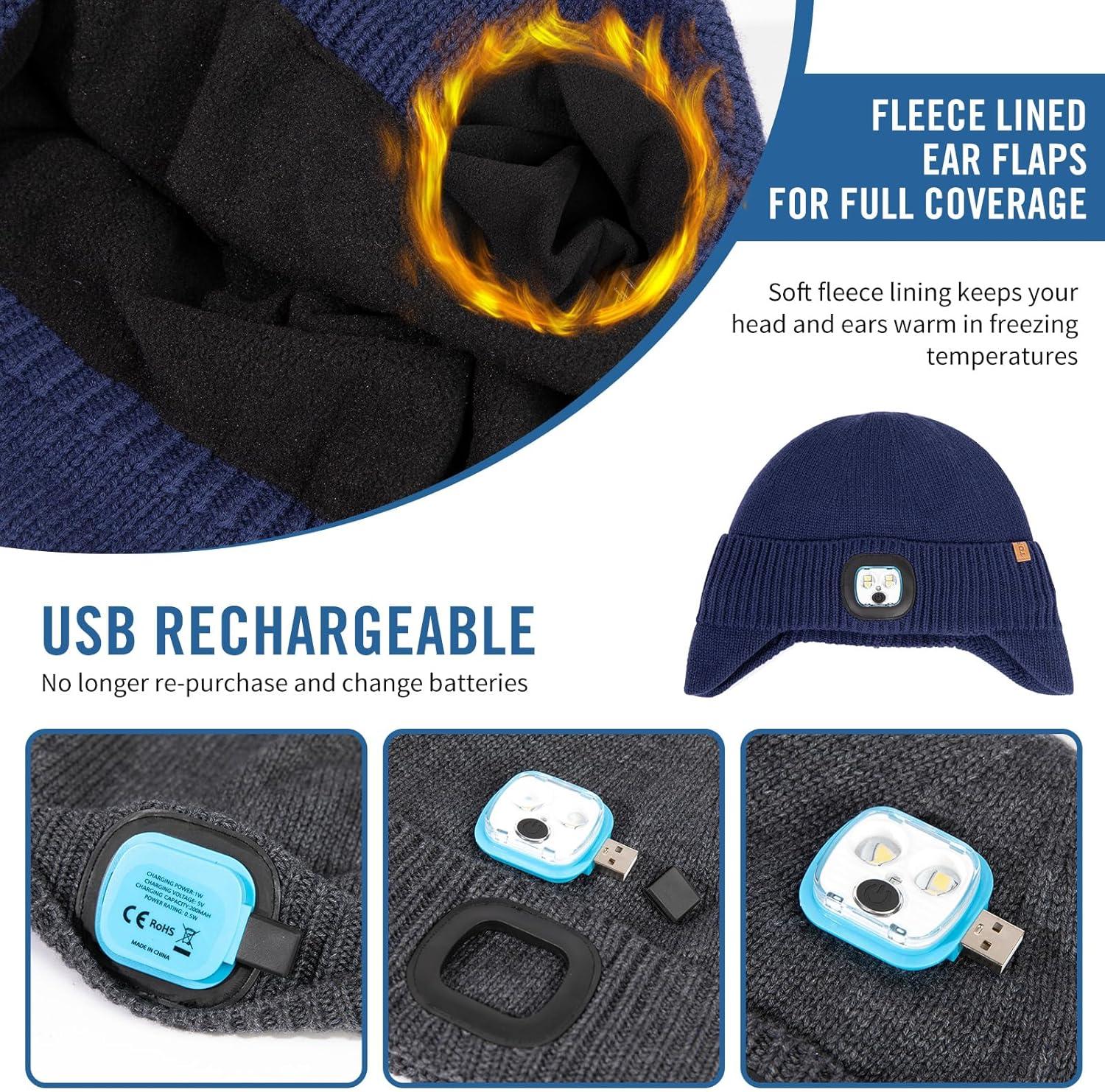 imageTOPEX DryKnit Waterproof LED Beanie Hat with Ear Flaps Merino Wool Winter Hat Fleece Lined USB Rechargeable Lighted CapBlue