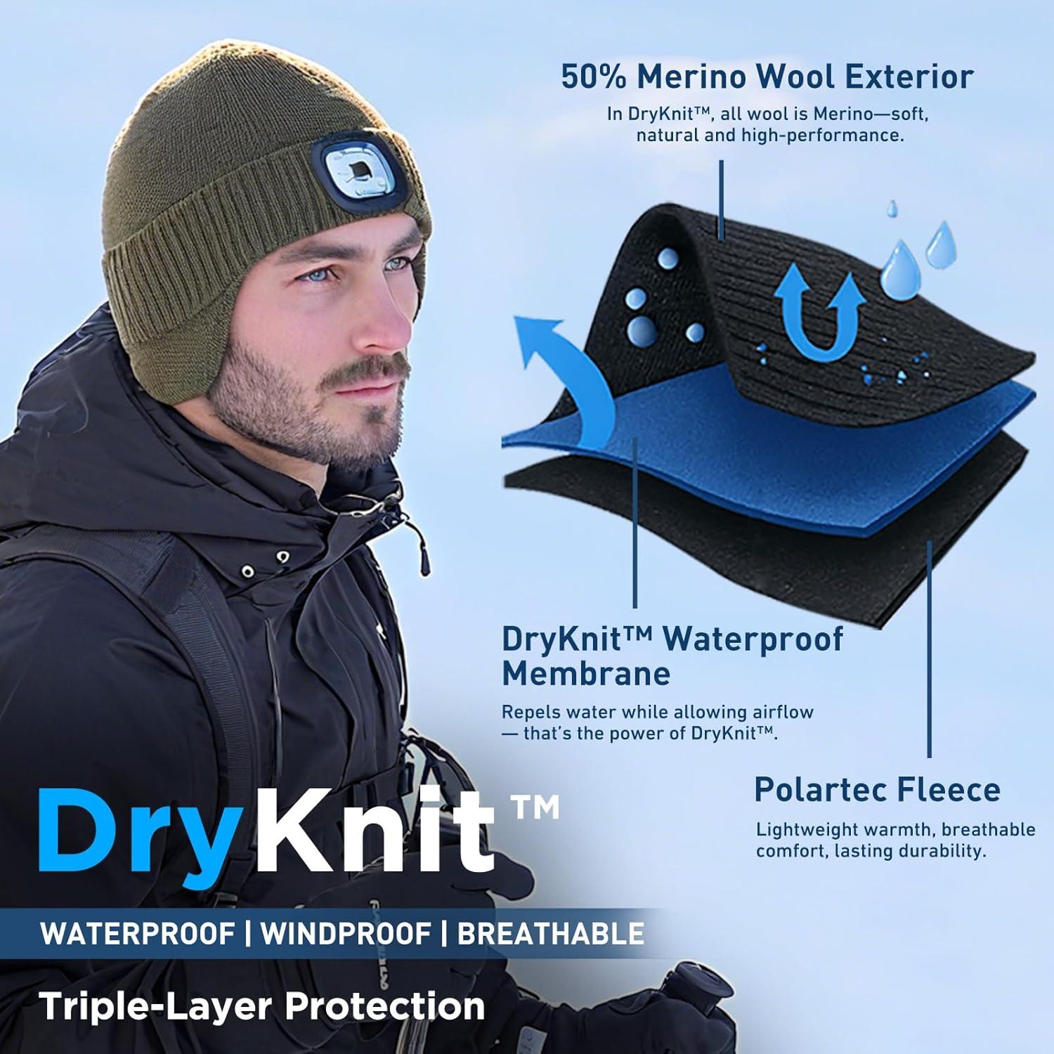 imageTOPEX DryKnit Waterproof LED Beanie Hat with Ear Flaps Merino Wool Winter Hat Fleece Lined USB Rechargeable Lighted CapGreen