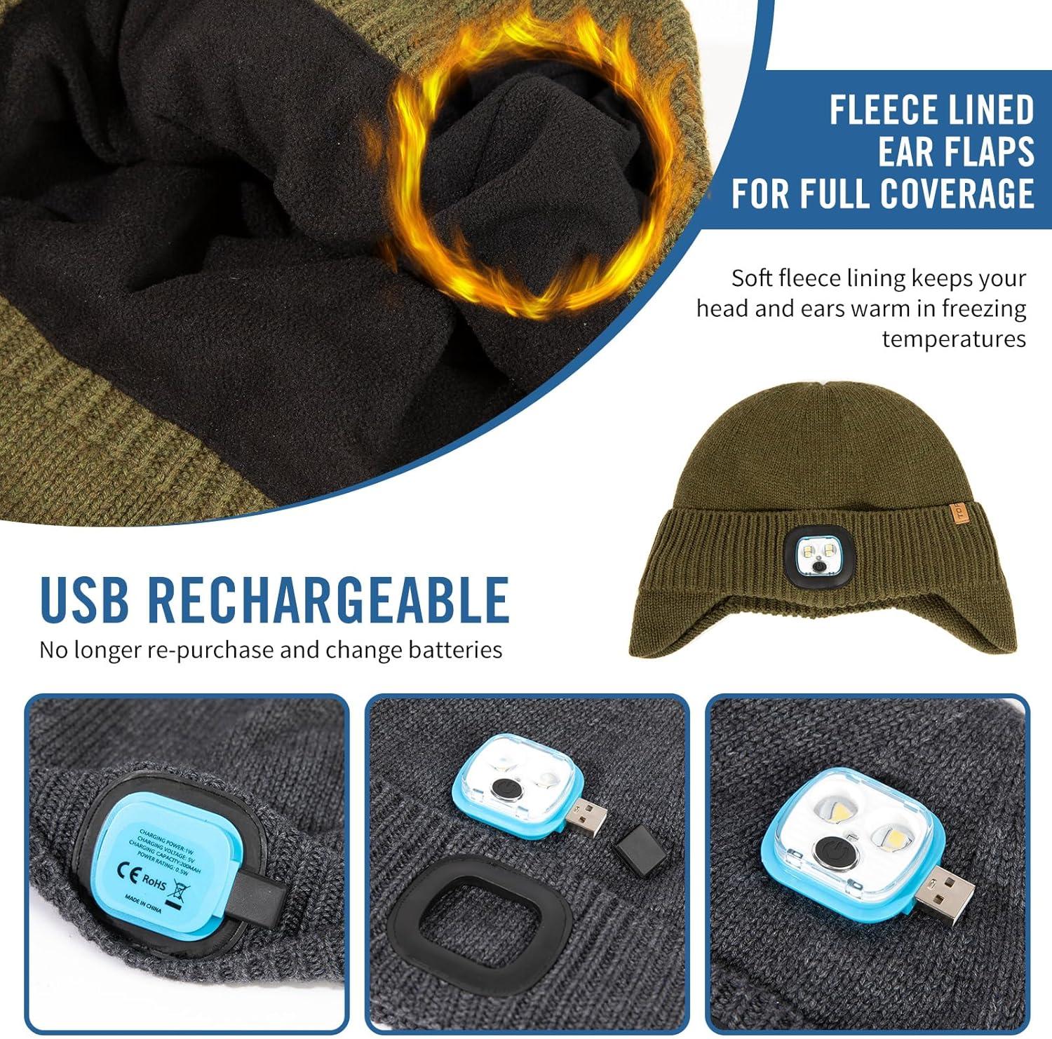 imageTOPEX DryKnit Waterproof LED Beanie Hat with Ear Flaps Merino Wool Winter Hat Fleece Lined USB Rechargeable Lighted CapGreen