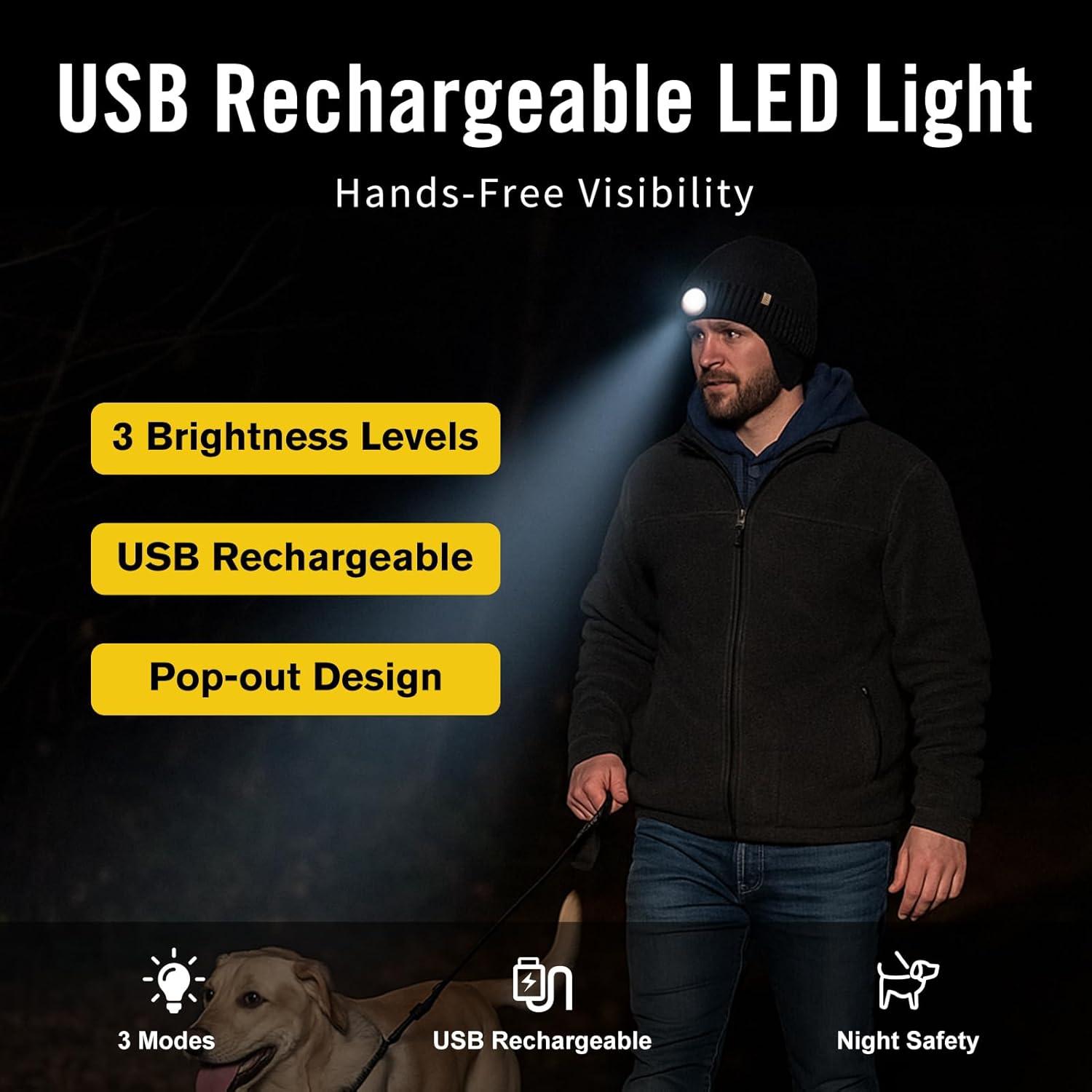 imageTOPEX DryKnit Waterproof LED Beanie Hat with Ear Flaps Merino Wool Winter Hat Fleece Lined USB Rechargeable Lighted CapGreen