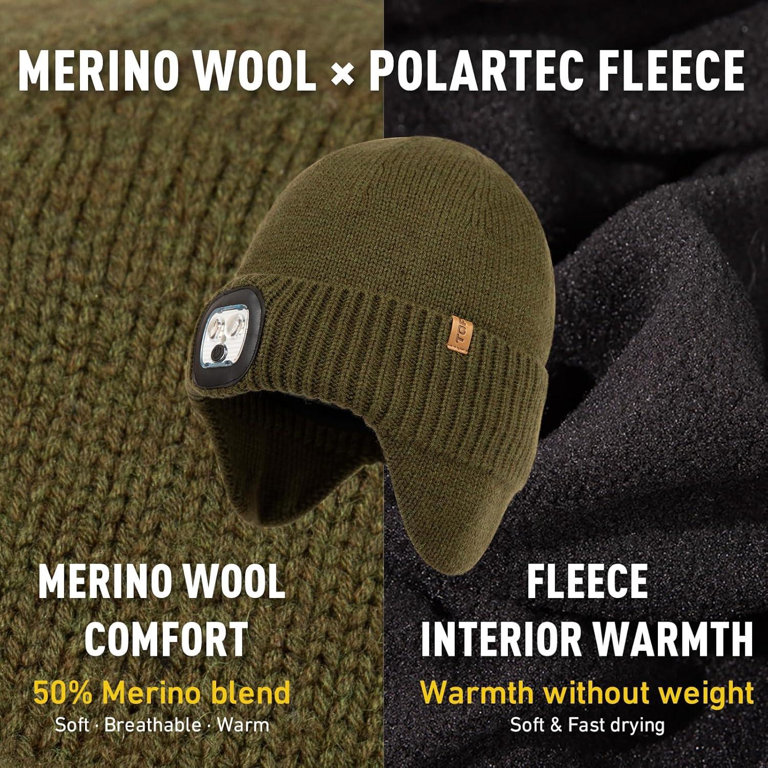 imageTOPEX DryKnit Waterproof LED Beanie Hat with Ear Flaps Merino Wool Winter Hat Fleece Lined USB Rechargeable Lighted CapGreen