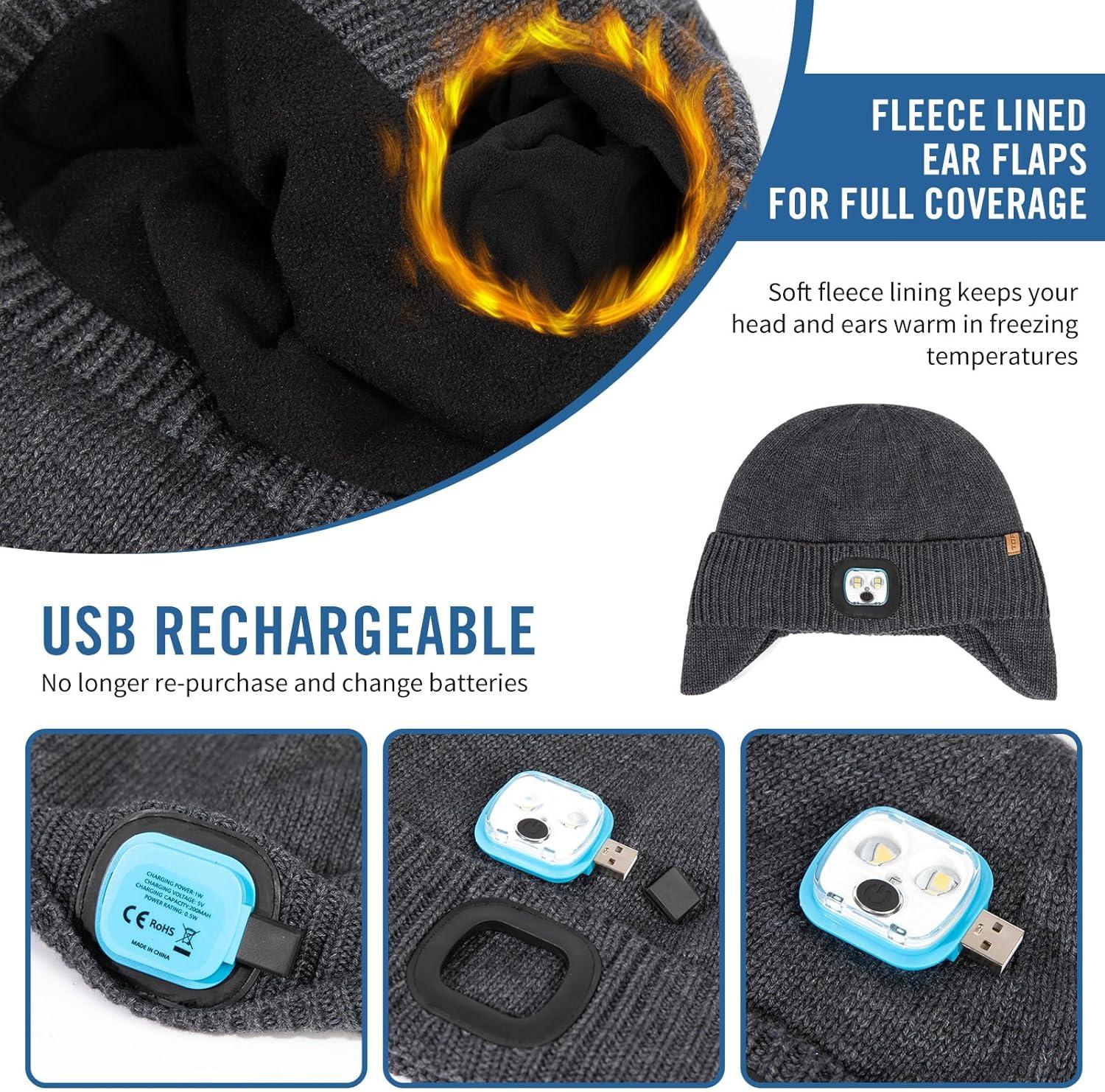 imageTOPEX DryKnit Waterproof LED Beanie Hat with Ear Flaps Merino Wool Winter Hat Fleece Lined USB Rechargeable Lighted CapGrey