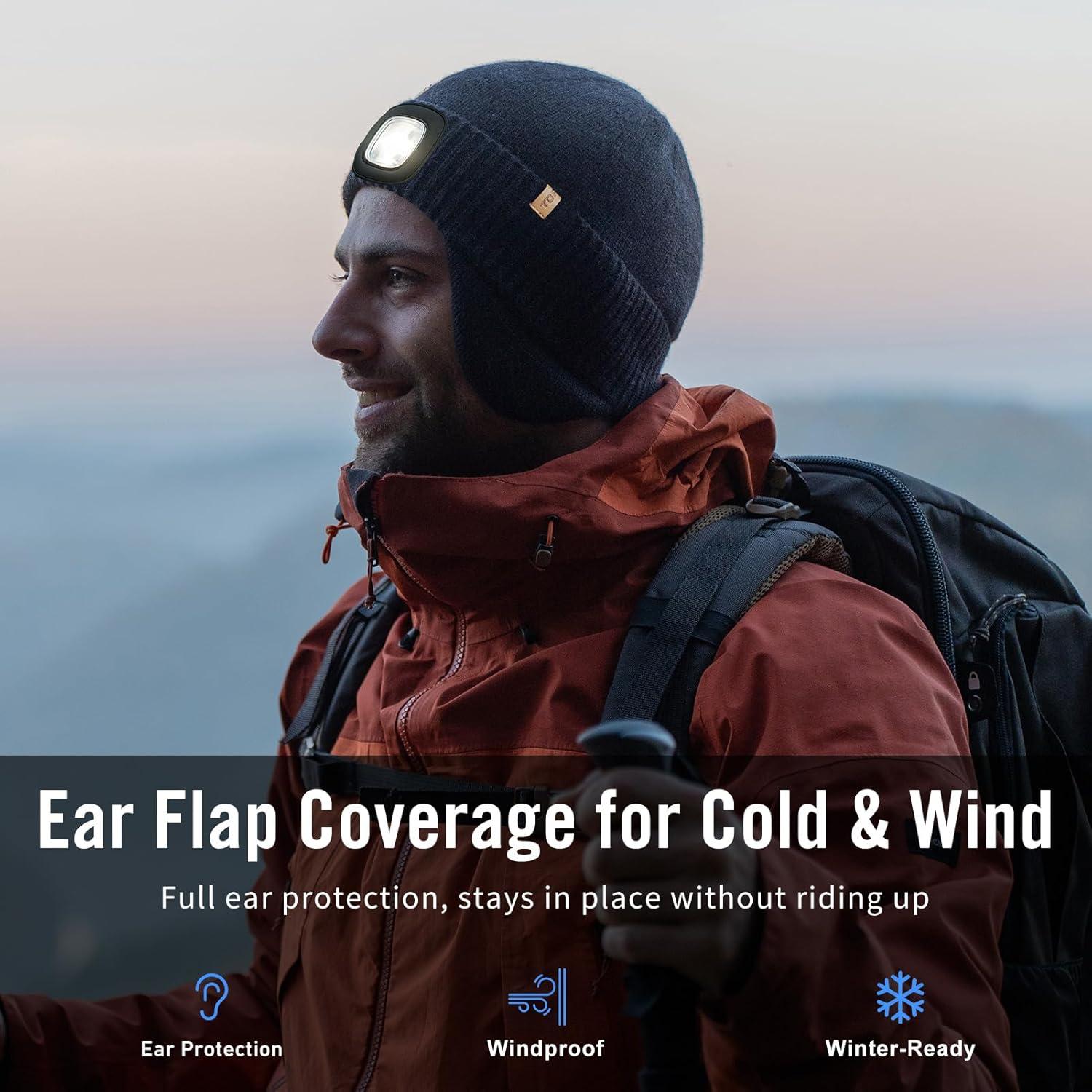 imageTOPEX DryKnit Waterproof LED Beanie Hat with Ear Flaps Merino Wool Winter Hat Fleece Lined USB Rechargeable Lighted CapGrey