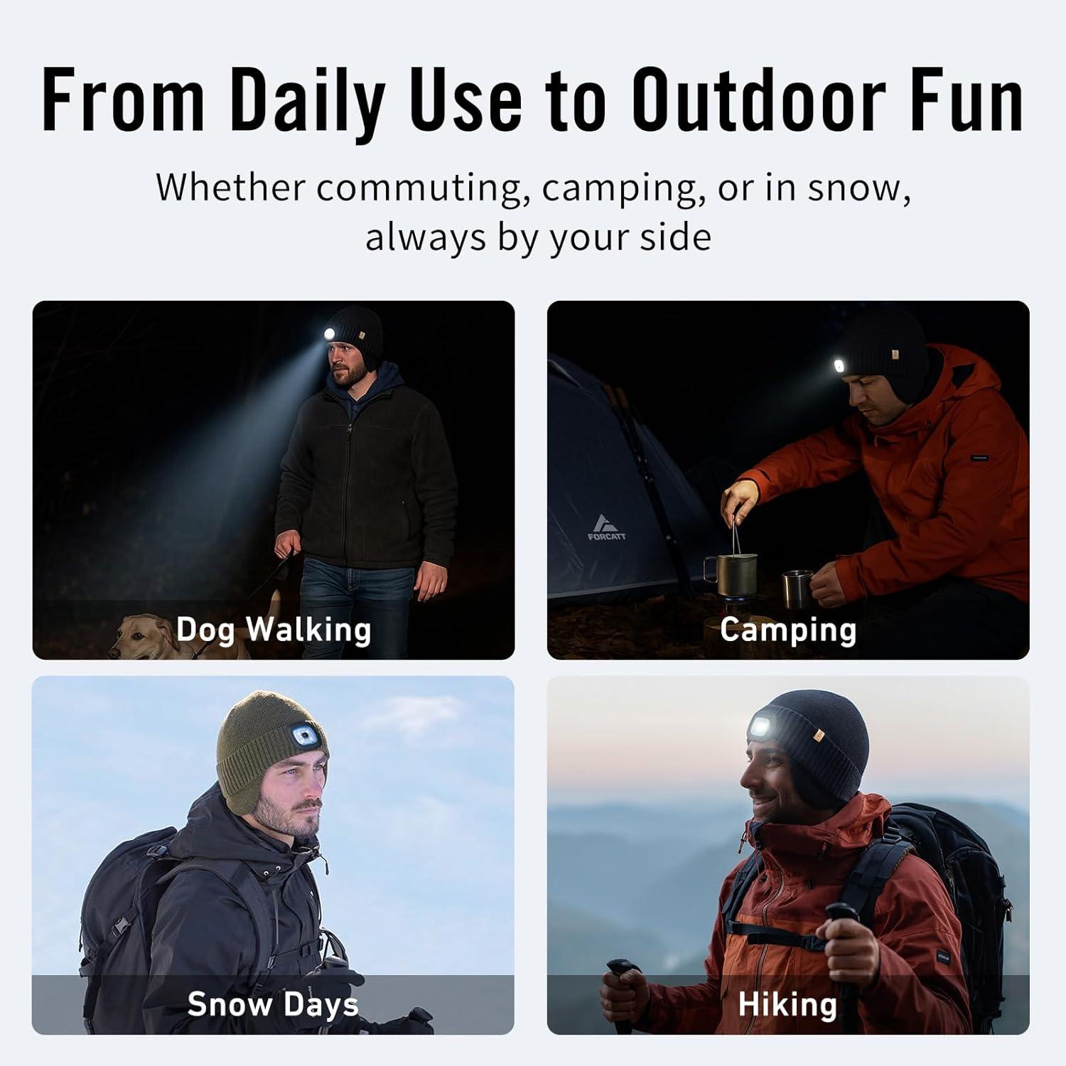 imageTOPEX DryKnit Waterproof LED Beanie Hat with Ear Flaps Merino Wool Winter Hat Fleece Lined USB Rechargeable Lighted CapGrey