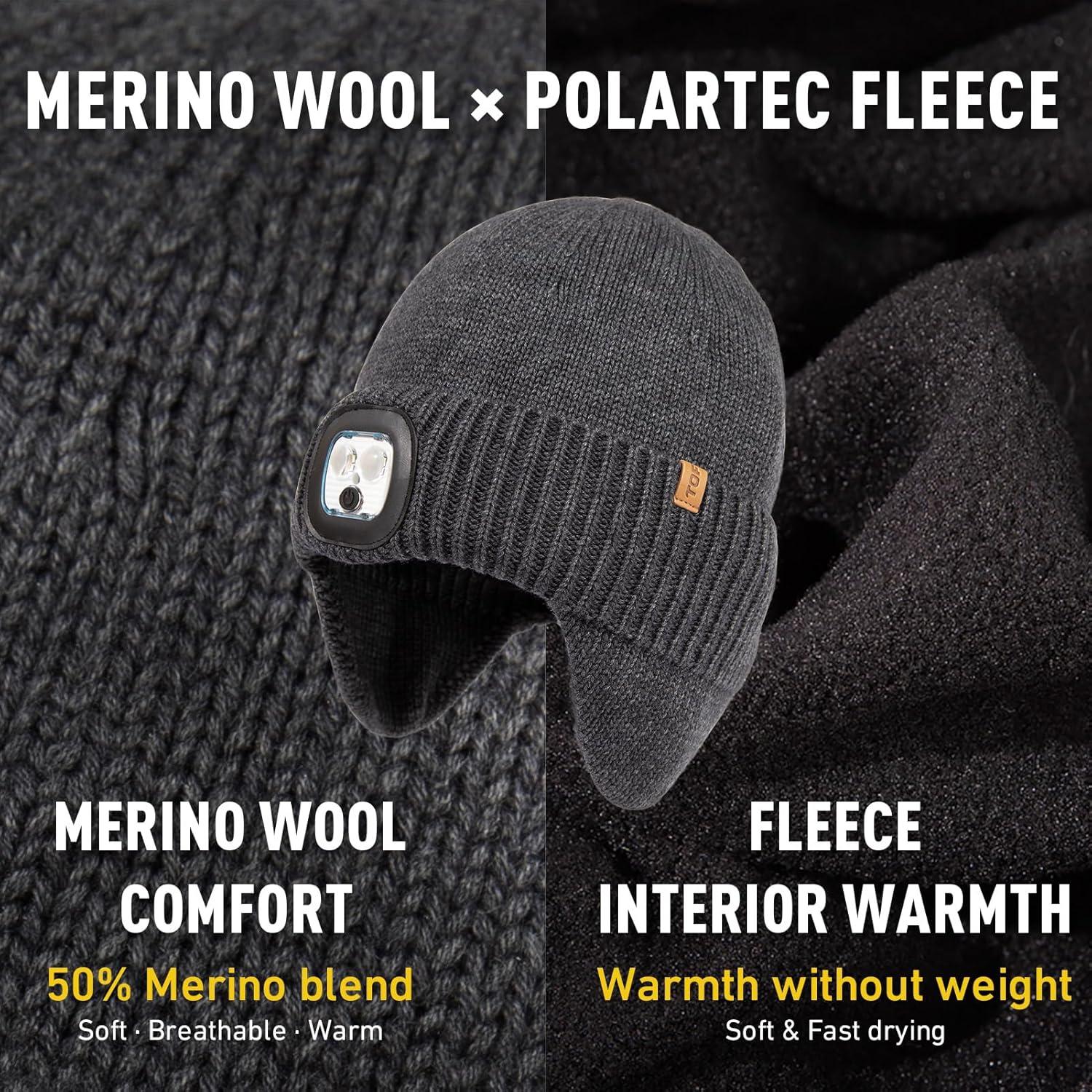 imageTOPEX DryKnit Waterproof LED Beanie Hat with Ear Flaps Merino Wool Winter Hat Fleece Lined USB Rechargeable Lighted CapGrey
