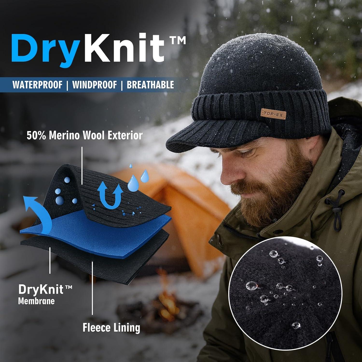 imageTOPEX DryKnit Waterproof ML XLXXL Fleece Lined Beanie with Brim Merino Wool Warm Cold Weather Visor CapGrey