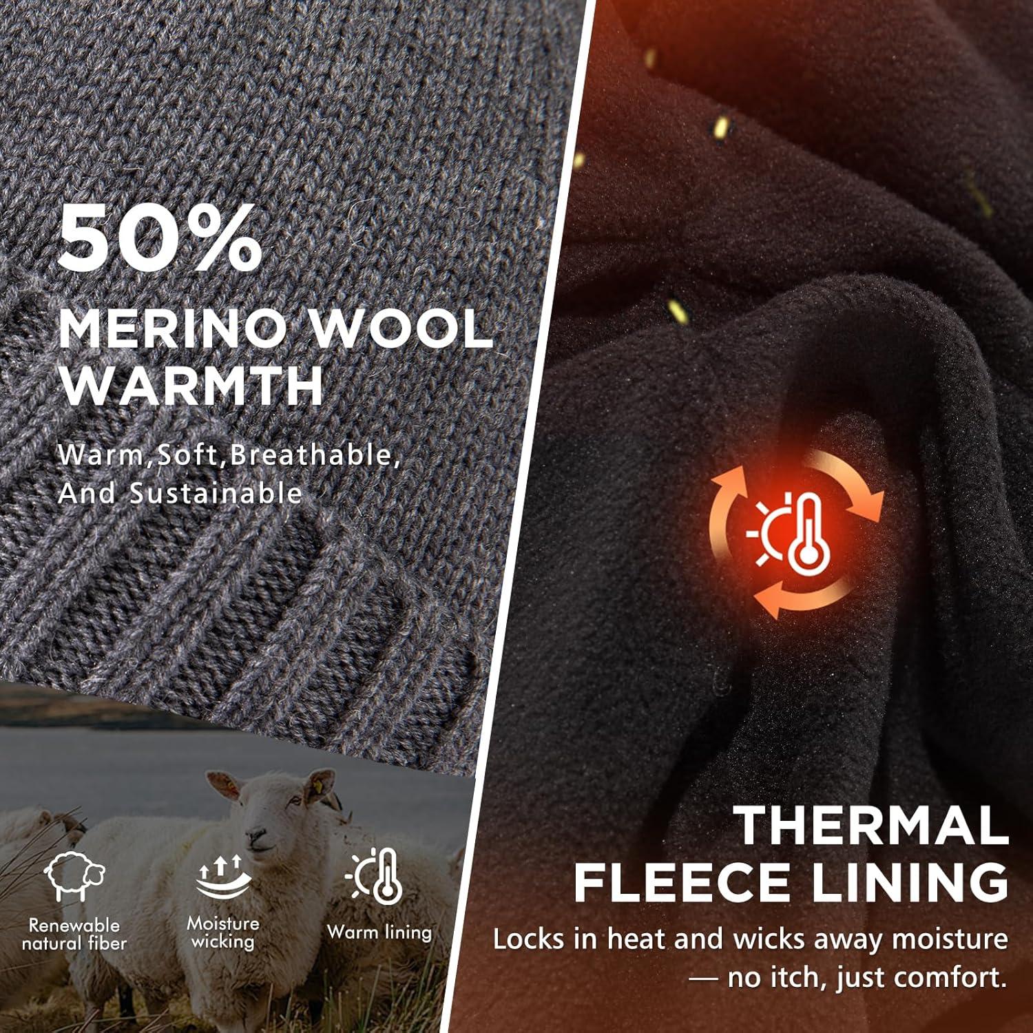 imageTOPEX DryKnit Waterproof ML XLXXL Fleece Lined Beanie with Brim Merino Wool Warm Cold Weather Visor CapGrey