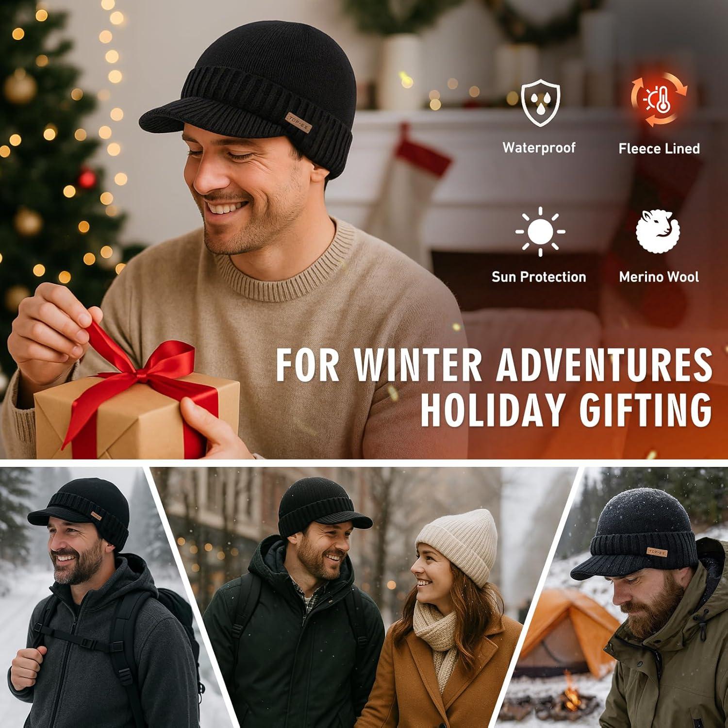 imageTOPEX DryKnit Waterproof ML XLXXL Fleece Lined Beanie with Brim Merino Wool Warm Cold Weather Visor CapGrey