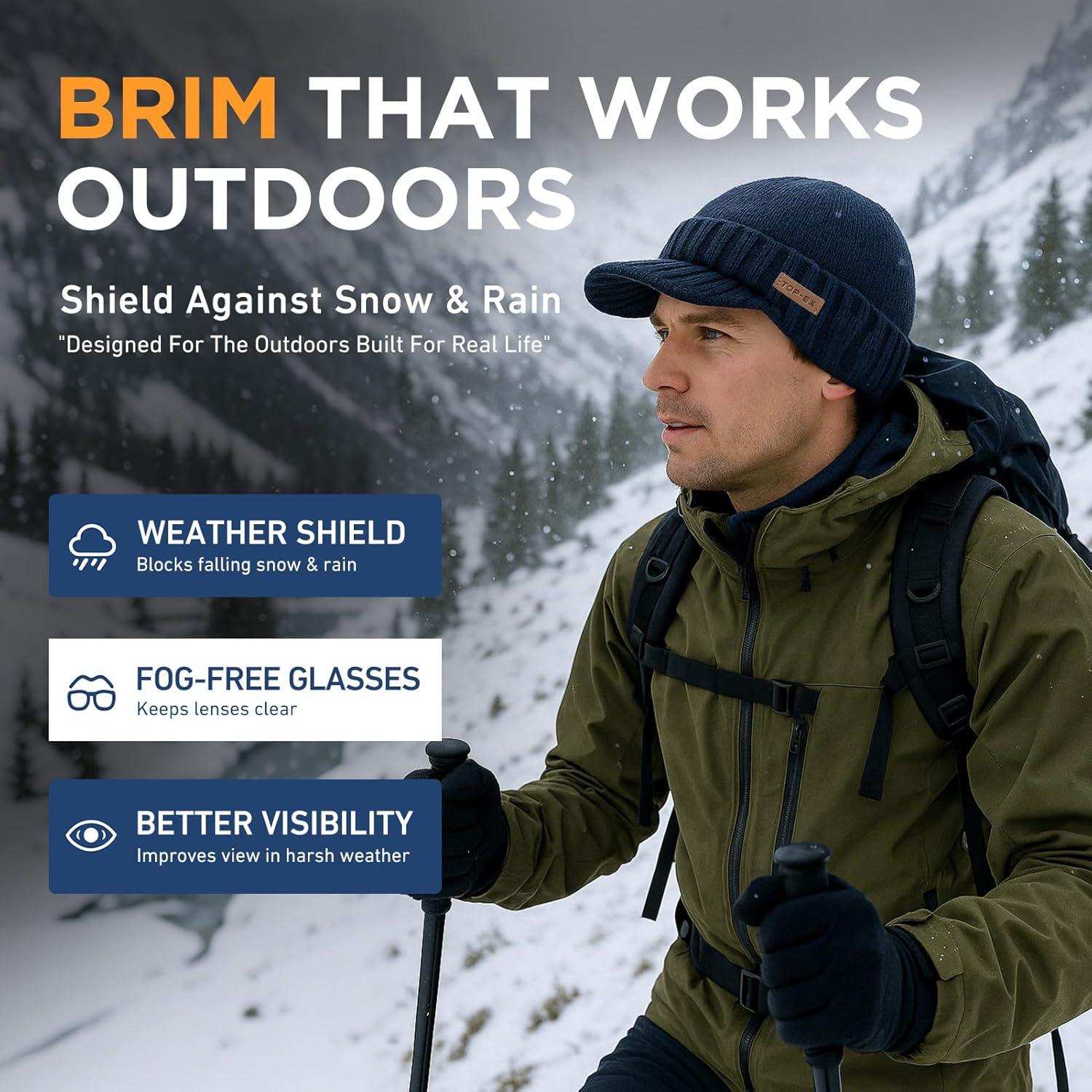 imageTOPEX DryKnit Waterproof ML XLXXL Fleece Lined Beanie with Brim Merino Wool Warm Cold Weather Visor CapRed