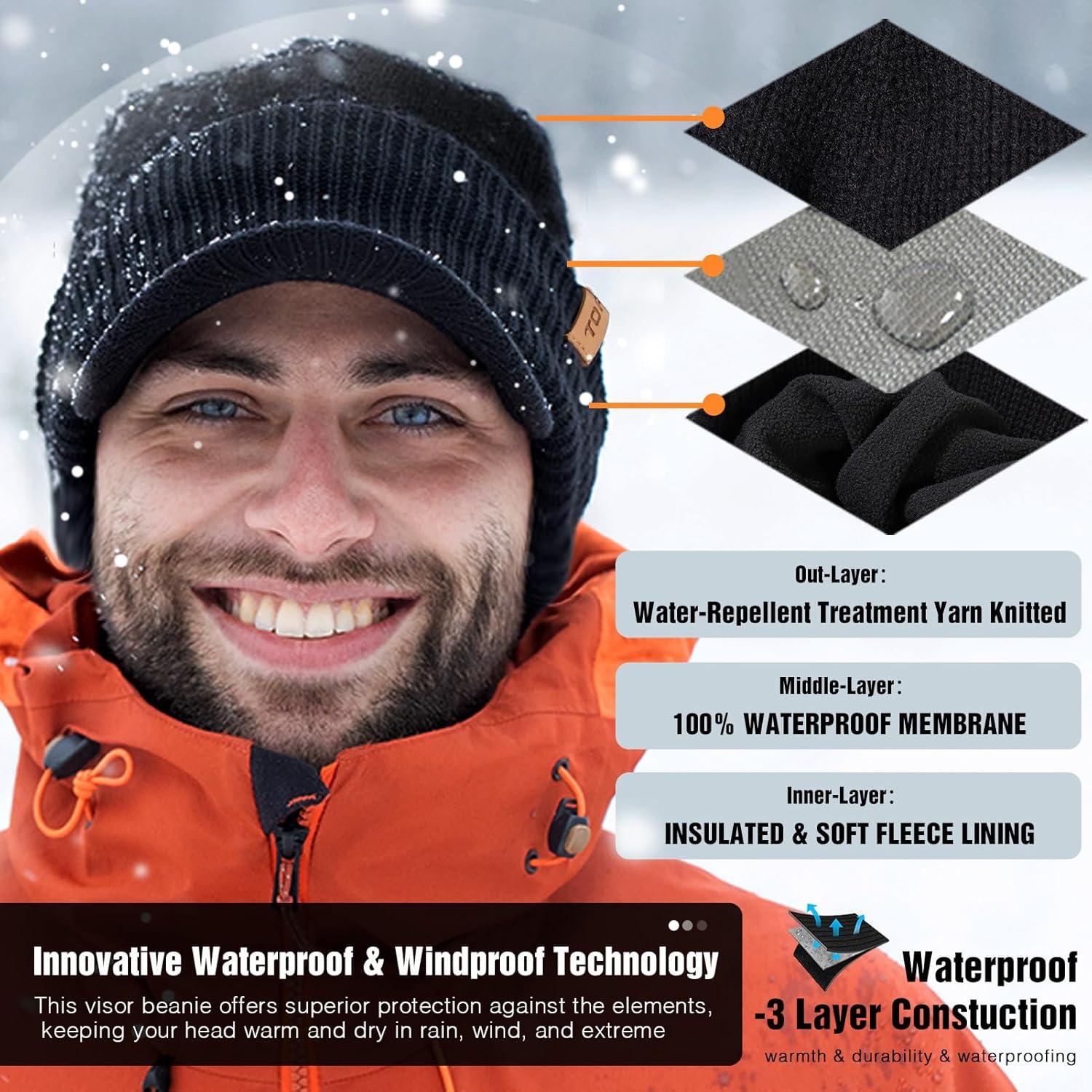 imageTOPEX Waterproof Merino Wool Visor Brimed Beanie with Ear Warmers Mens Large Winter Hat Warm Fleece Lined for Cold Weather Ski Running Black ML