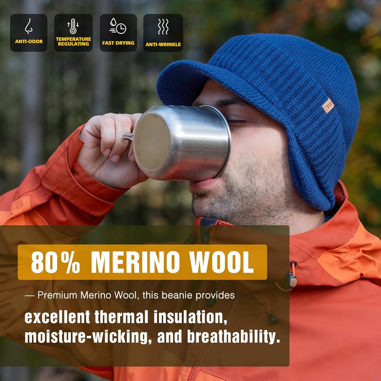 imageTOPEX Waterproof Merino Wool Visor Brimed Beanie with Ear Warmers Mens Large Winter Hat Warm Fleece Lined for Cold Weather Ski Running Black ML