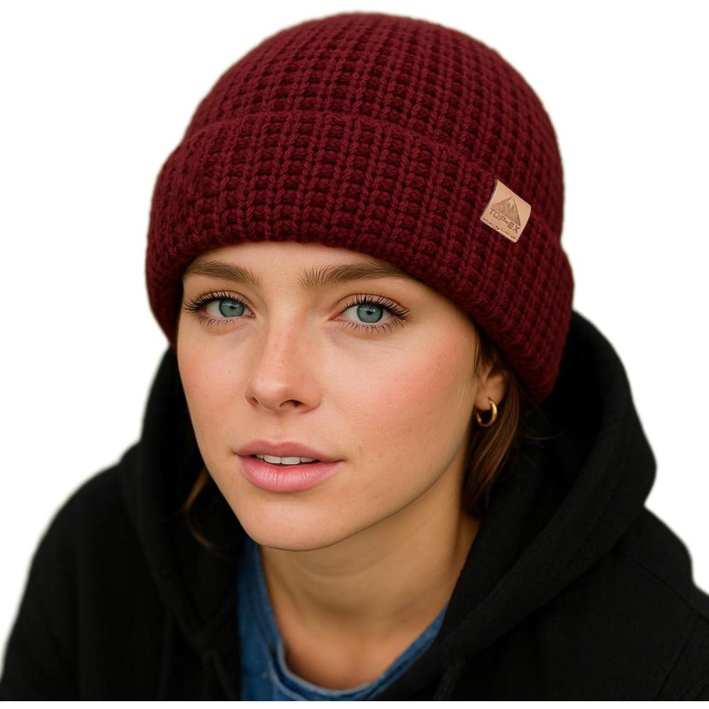 imagePolarWool LXLXXL Merino Wool Waffle Fisherman Beanie Watch Cap DualLayer 2 Styles Warm Winter Knit Hat for Men WomenBurgundyember