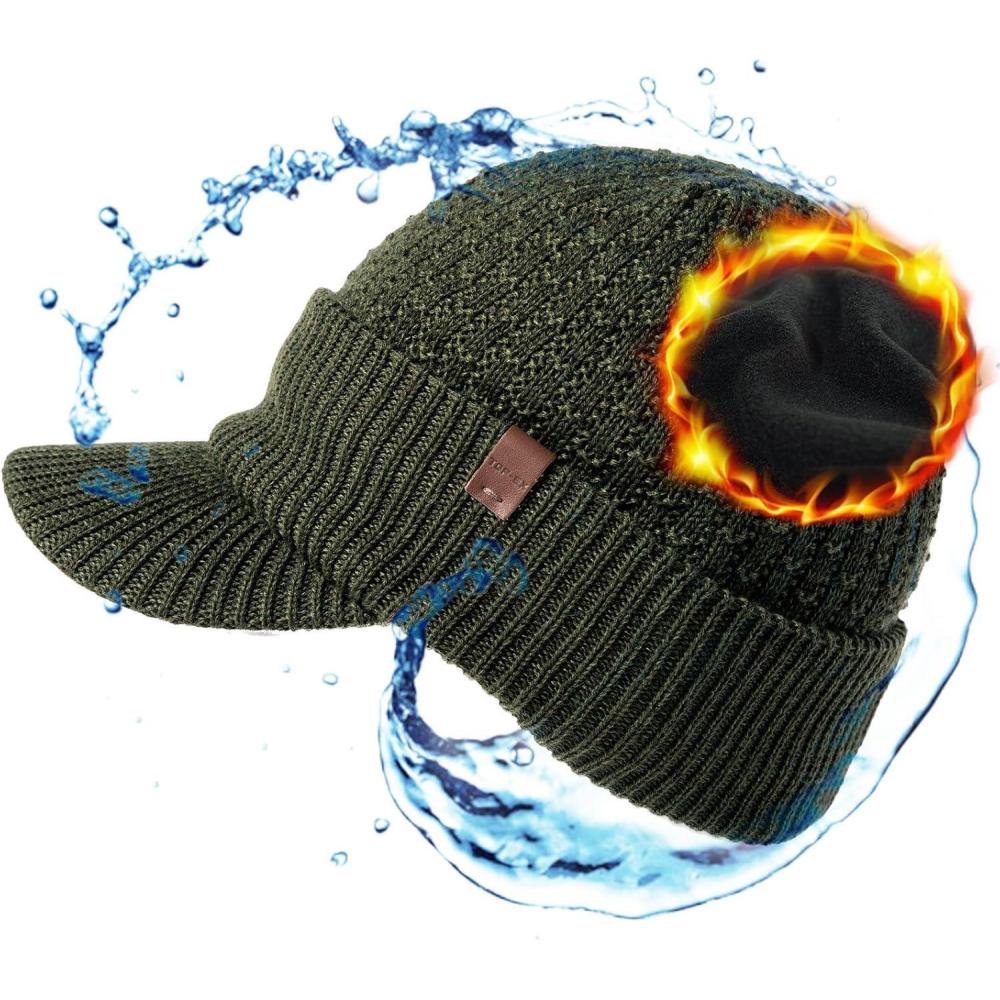 imageTOPEX DryKnit Waterproof 50 Merino Wool Visor Beanie Hat for Men Fleece Lined Winter Hat with Brim for Big Heads6 Olive Green Waterproof