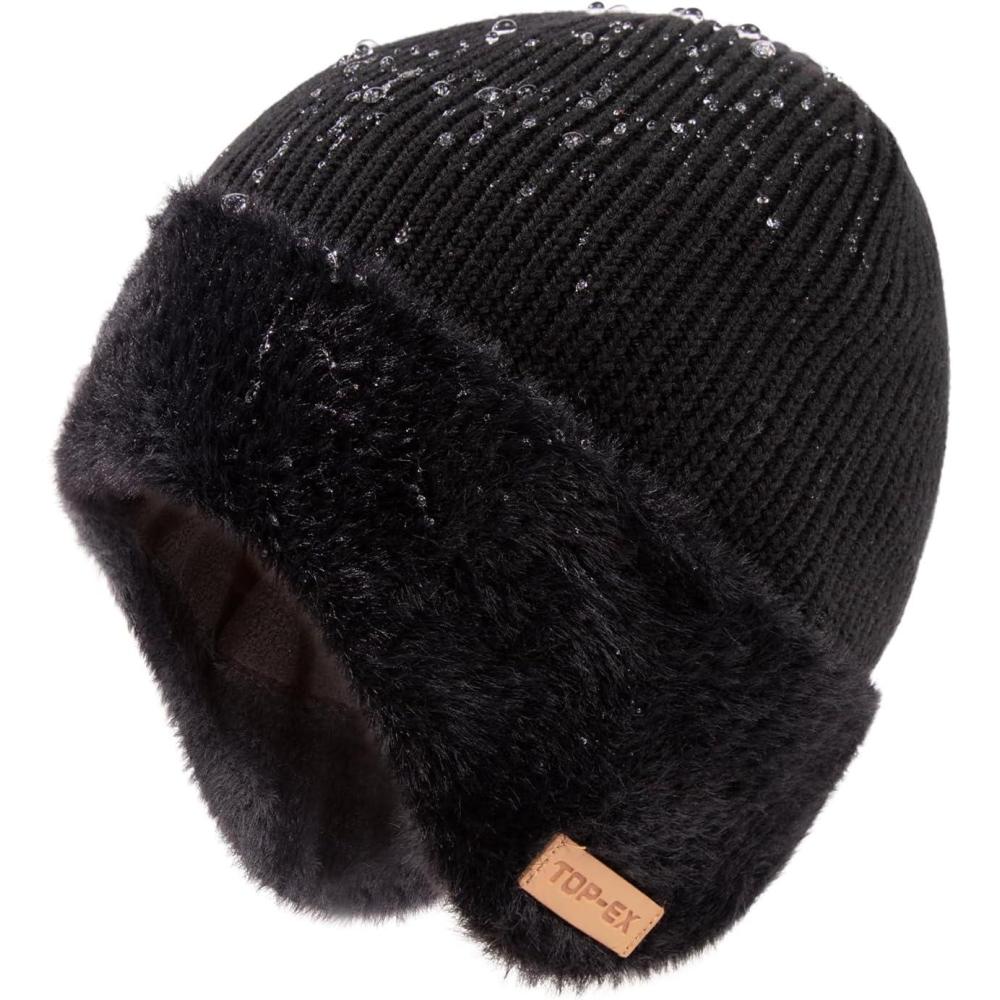 imageTOPEX DryKnit Waterproof Fleece Lined Beanie with Ear Flaps  Merino Wool Thermal Hat for MenBlack
