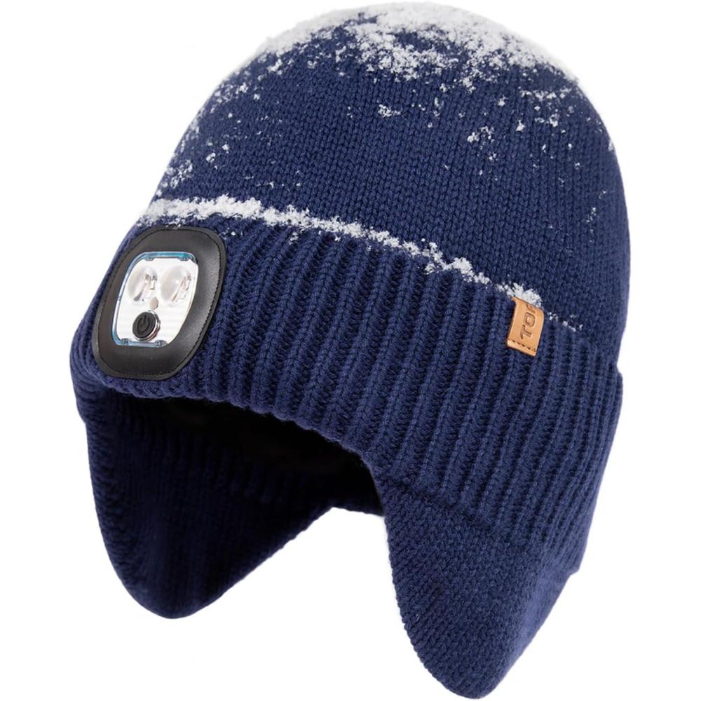 imageTOPEX DryKnit Waterproof LED Beanie Hat with Ear Flaps Merino Wool Winter Hat Fleece Lined USB Rechargeable Lighted CapBlue