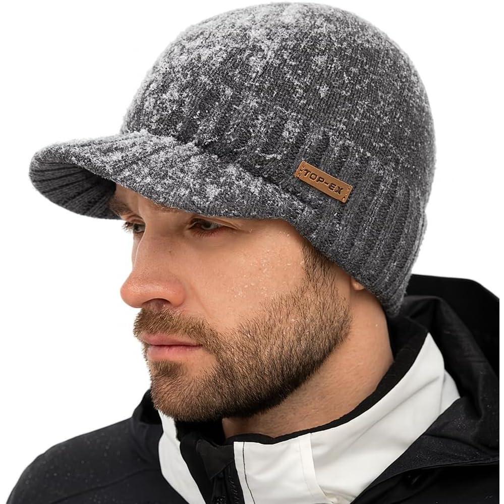 imageTOPEX DryKnit Waterproof ML XLXXL Fleece Lined Beanie with Brim Merino Wool Warm Cold Weather Visor CapGrey