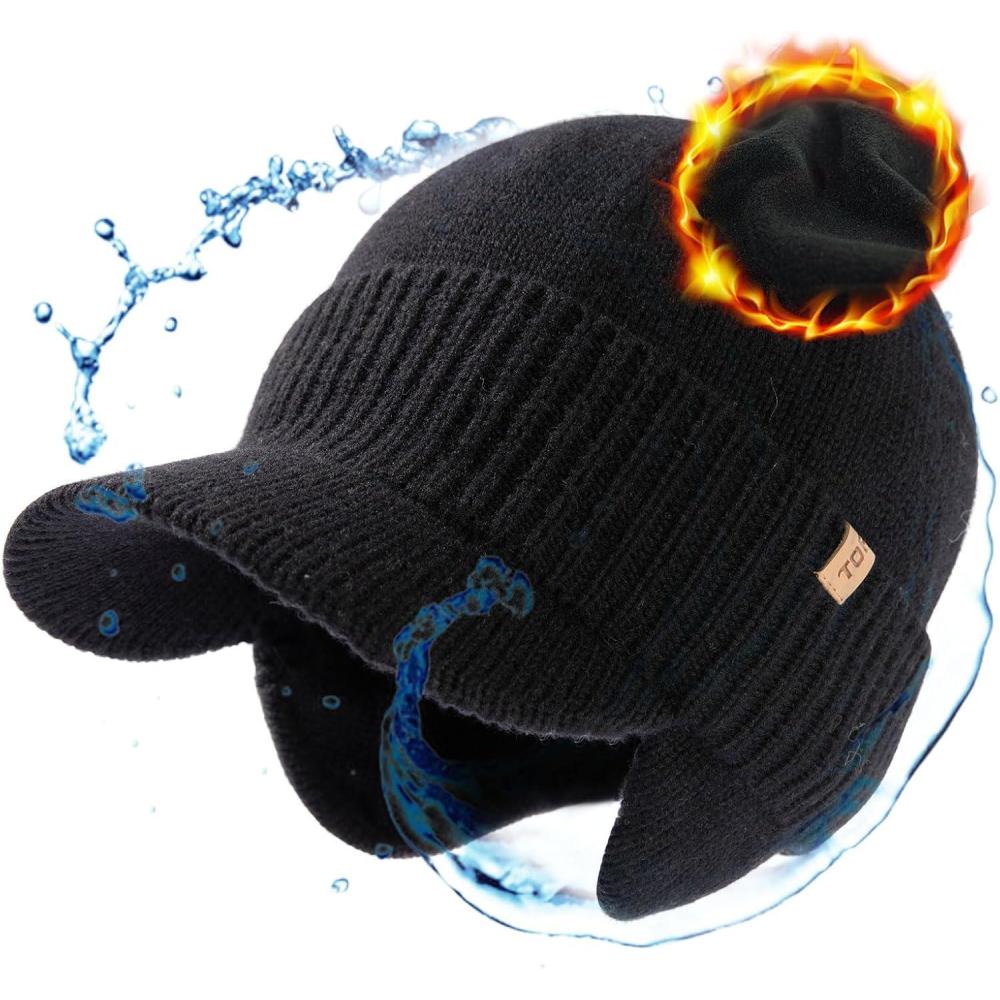 imageTOPEX Waterproof Merino Wool Visor Brimed Beanie with Ear Warmers Mens Large Winter Hat Warm Fleece Lined for Cold Weather Ski Running Black ML