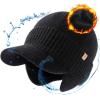 imageTOPEX Waterproof Merino Wool Visor Brimed Beanie with Ear Warmers Mens Large Winter Hat Warm Fleece Lined for Cold Weather Ski Running Black ML