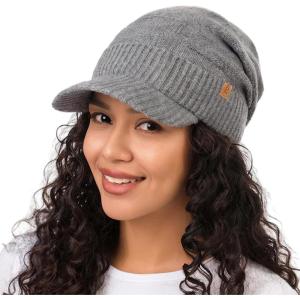 imagePolarWool 100 Merino Wool LXLXXL Fleece Lined Slouchy Visor Beanie Stocking Winter Hat with Brim Knit Cap for Men WomenGrayurban