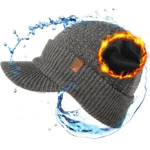 imageTOPEX DryKnit Waterproof 50 Merino Wool Visor Beanie Hat for Men Fleece Lined Winter Hat with Brim for Big Heads6 Gray Waterproof