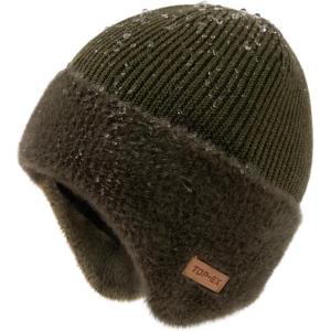 imageTOPEX DryKnit Waterproof Fleece Lined Beanie with Ear Flaps  Merino Wool Thermal Hat for MenArmy Green