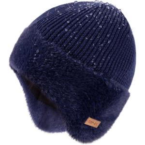 imageTOPEX DryKnit Waterproof Fleece Lined Beanie with Ear Flaps  Merino Wool Thermal Hat for MenNavy Blue