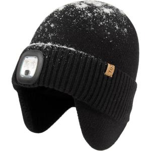 imageTOPEX DryKnit Waterproof LED Beanie Hat with Ear Flaps Merino Wool Winter Hat Fleece Lined USB Rechargeable Lighted CapBlack