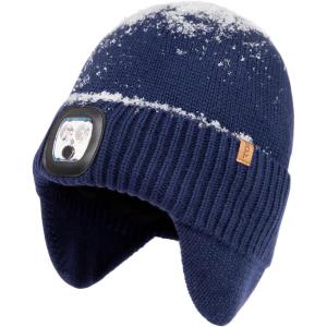 imageTOPEX DryKnit Waterproof LED Beanie Hat with Ear Flaps Merino Wool Winter Hat Fleece Lined USB Rechargeable Lighted CapBlue