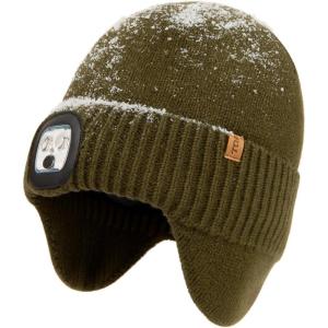 imageTOPEX DryKnit Waterproof LED Beanie Hat with Ear Flaps Merino Wool Winter Hat Fleece Lined USB Rechargeable Lighted CapGreen