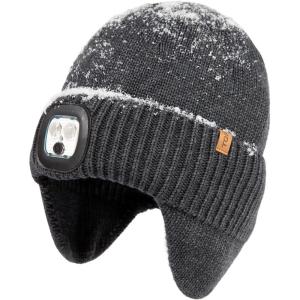 imageTOPEX DryKnit Waterproof LED Beanie Hat with Ear Flaps Merino Wool Winter Hat Fleece Lined USB Rechargeable Lighted CapGrey