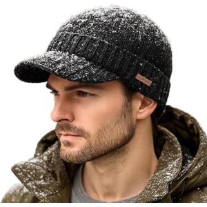 imageTOPEX DryKnit Waterproof ML XLXXL Fleece Lined Beanie with Brim Merino Wool Warm Cold Weather Visor CapBlack