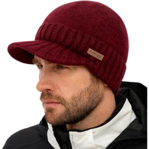 imageTOPEX DryKnit Waterproof ML XLXXL Fleece Lined Beanie with Brim Merino Wool Warm Cold Weather Visor CapRed