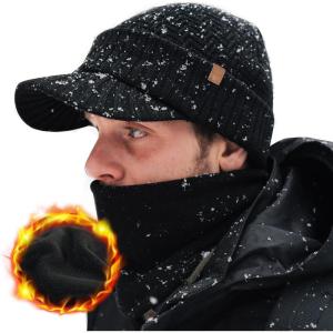 imageTOPEX Waterproof Winter Wool Knit Hat with Visor Mens Brim Beanie ampamp Scarf Set Women Cold Weather Skull Stocking Cap Fleece Lined ampamp Neck Cover BlackXlarge XL XXL XXXL Extra Large Big Head Oversize