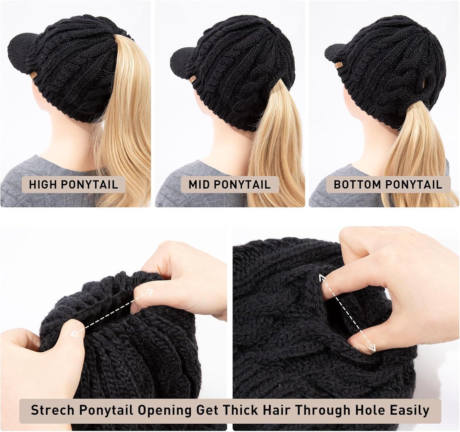 imageChicPony Merino Wool Visor Ponytail Beanie with Brim Fleece Lined 3 Bun Openings Hole Warm Windproof Knit Cap Winter HatClassic Blackpony