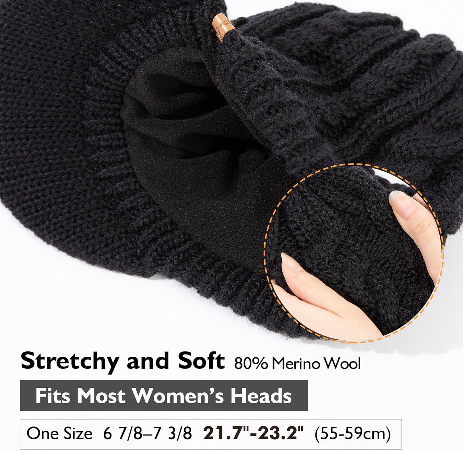 imageChicPony Merino Wool Visor Ponytail Beanie with Brim Fleece Lined 3 Bun Openings Hole Warm Windproof Knit Cap Winter HatClassic Blackpony