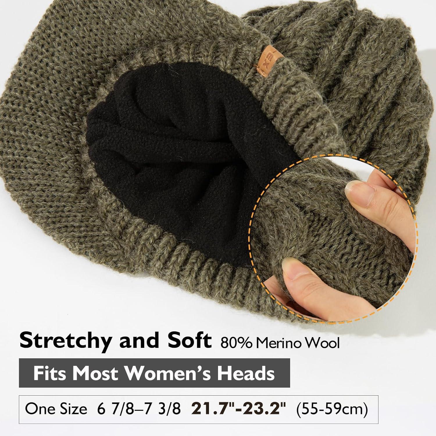 imageChicPony Merino Wool Visor Ponytail Beanie with Brim Fleece Lined 3 Bun Openings Hole Warm Windproof Knit Cap Winter HatForest Olivepony