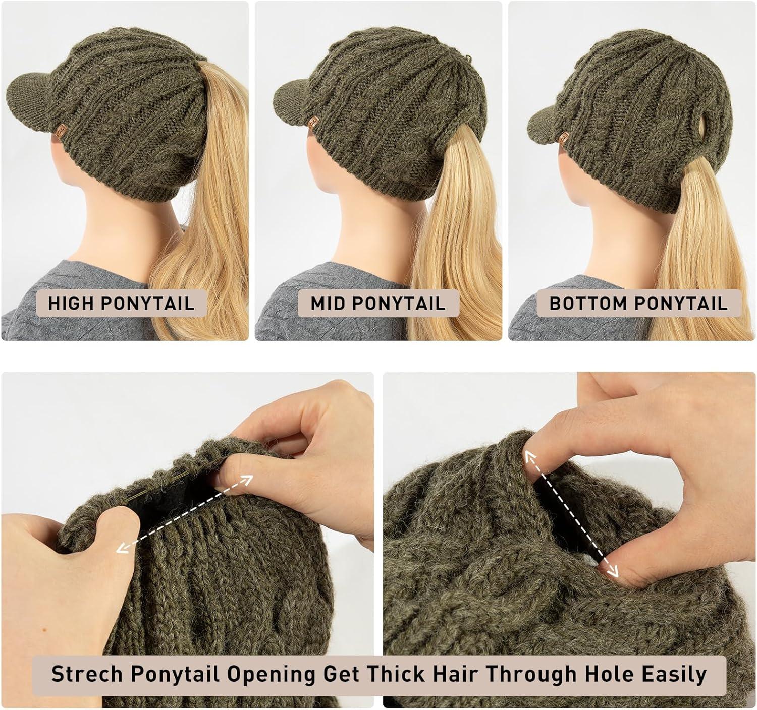 imageChicPony Merino Wool Visor Ponytail Beanie with Brim Fleece Lined 3 Bun Openings Hole Warm Windproof Knit Cap Winter HatForest Olivepony