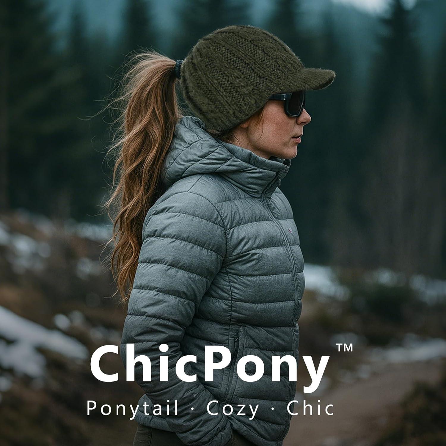 imageChicPony Merino Wool Visor Ponytail Beanie with Brim Fleece Lined 3 Bun Openings Hole Warm Windproof Knit Cap Winter HatForest Olivepony