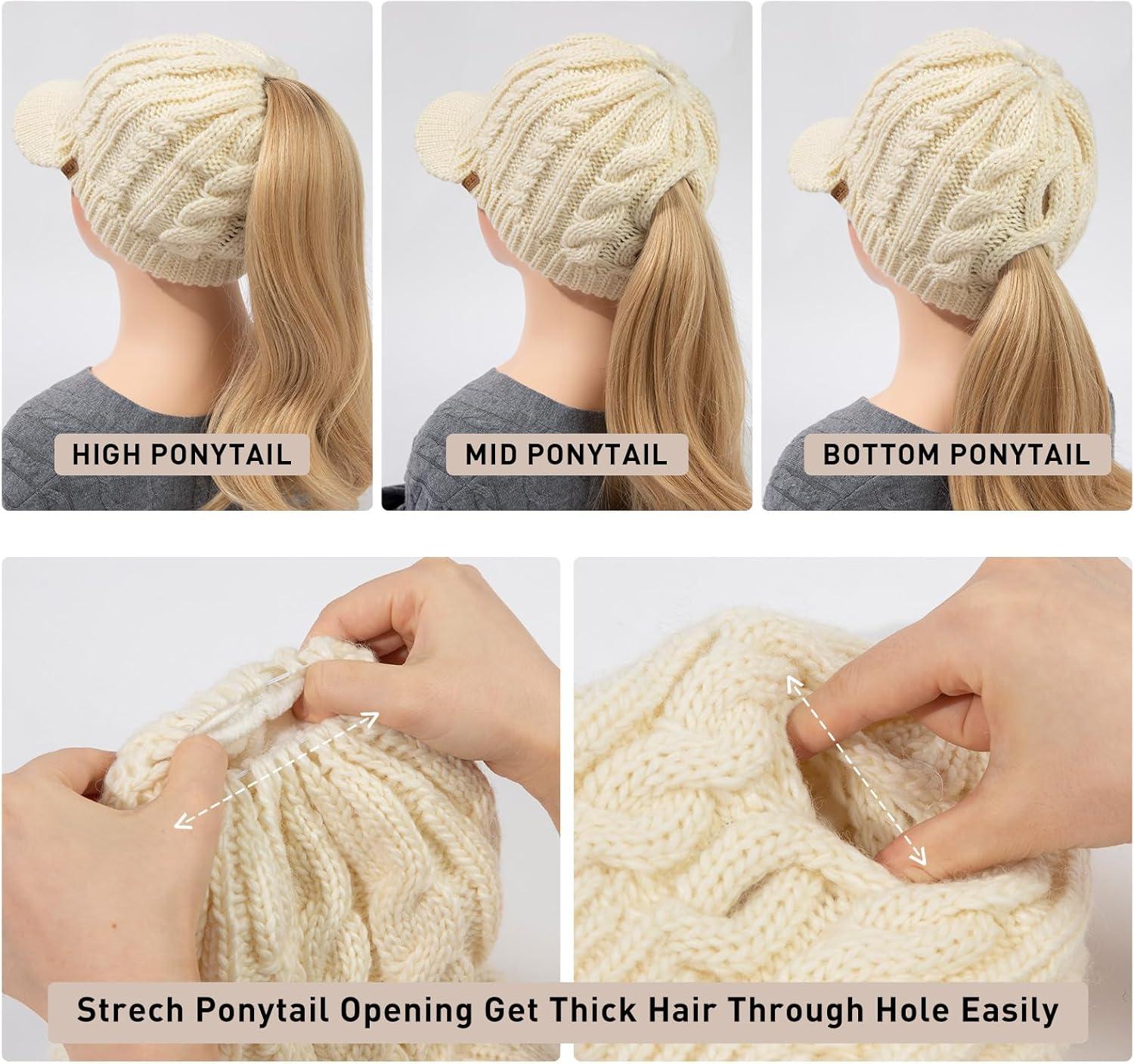 imageChicPony Merino Wool Visor Ponytail Beanie with Brim Fleece Lined 3 Bun Openings Hole Warm Windproof Knit Cap Winter HatIvory Creampony