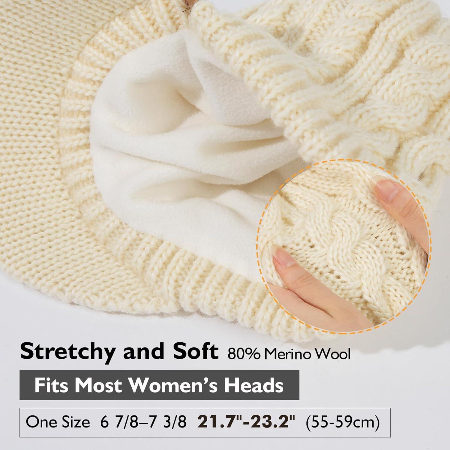 imageChicPony Merino Wool Visor Ponytail Beanie with Brim Fleece Lined 3 Bun Openings Hole Warm Windproof Knit Cap Winter HatIvory Creampony