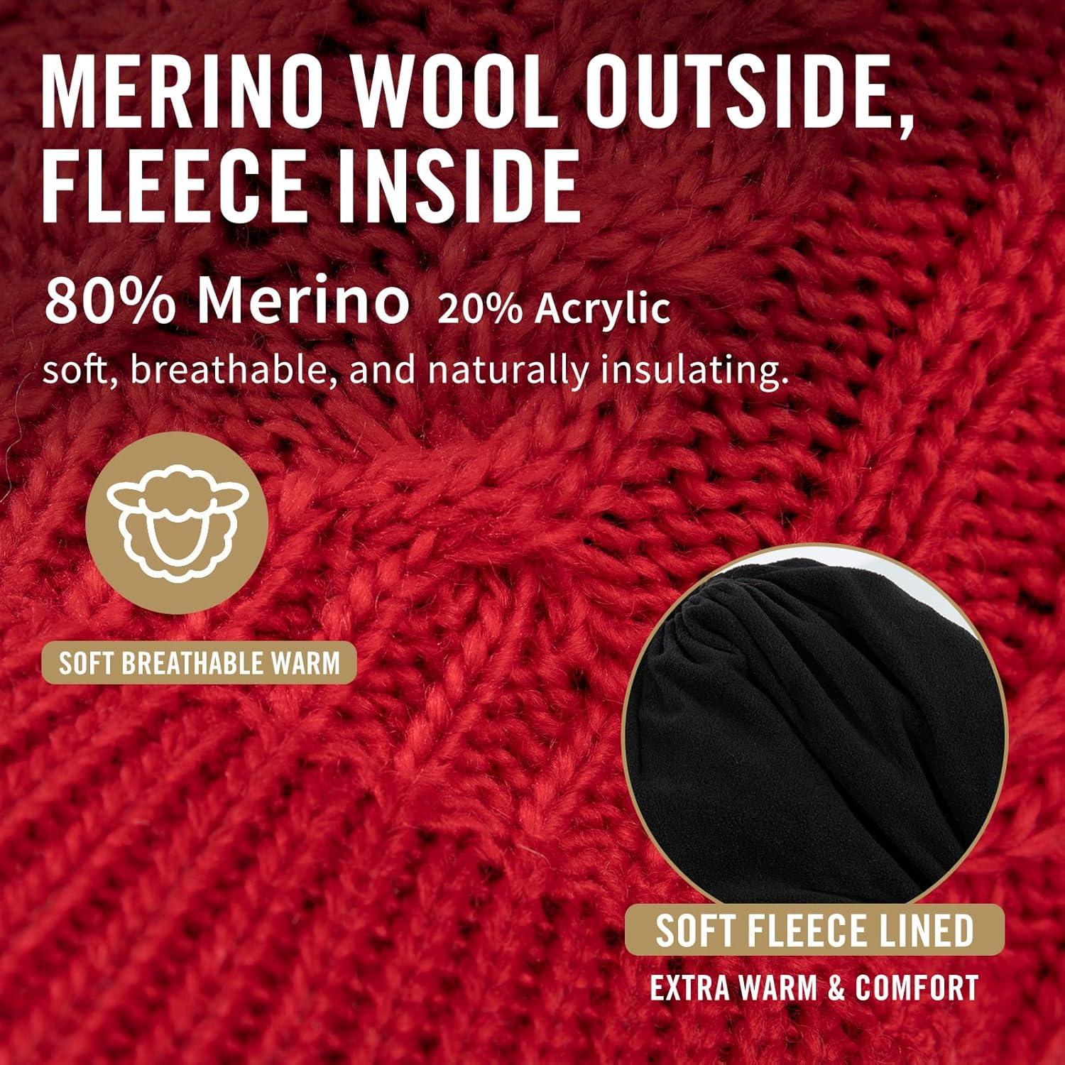 imageChicPony Merino Wool Visor Ponytail Beanie with Brim Fleece Lined 3 Bun Openings Hole Warm Windproof Knit Cap Winter HatMaple Redpony