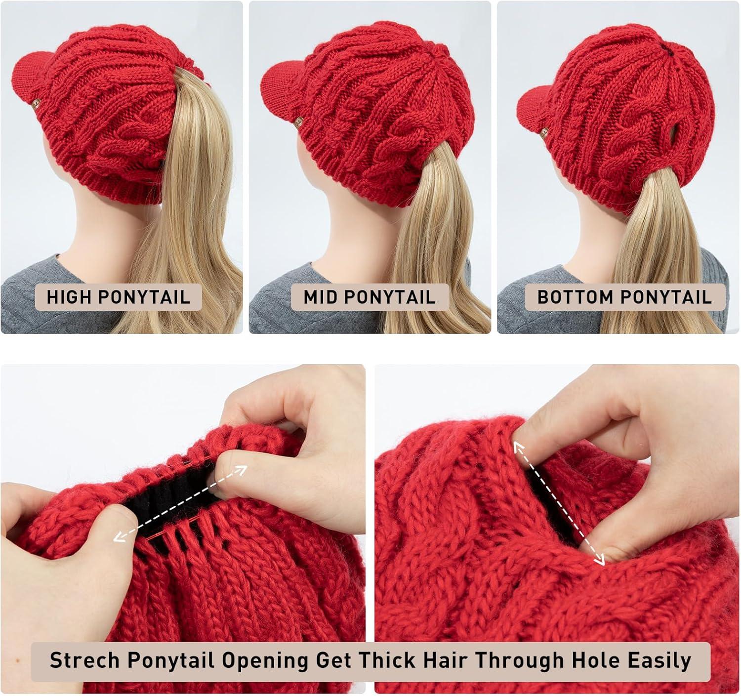 imageChicPony Merino Wool Visor Ponytail Beanie with Brim Fleece Lined 3 Bun Openings Hole Warm Windproof Knit Cap Winter HatMaple Redpony