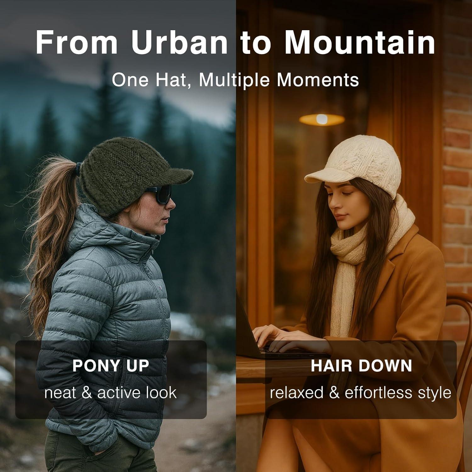 imageChicPony Merino Wool Visor Ponytail Beanie with Brim Fleece Lined 3 Bun Openings Hole Warm Windproof Knit Cap Winter HatMaple Redpony