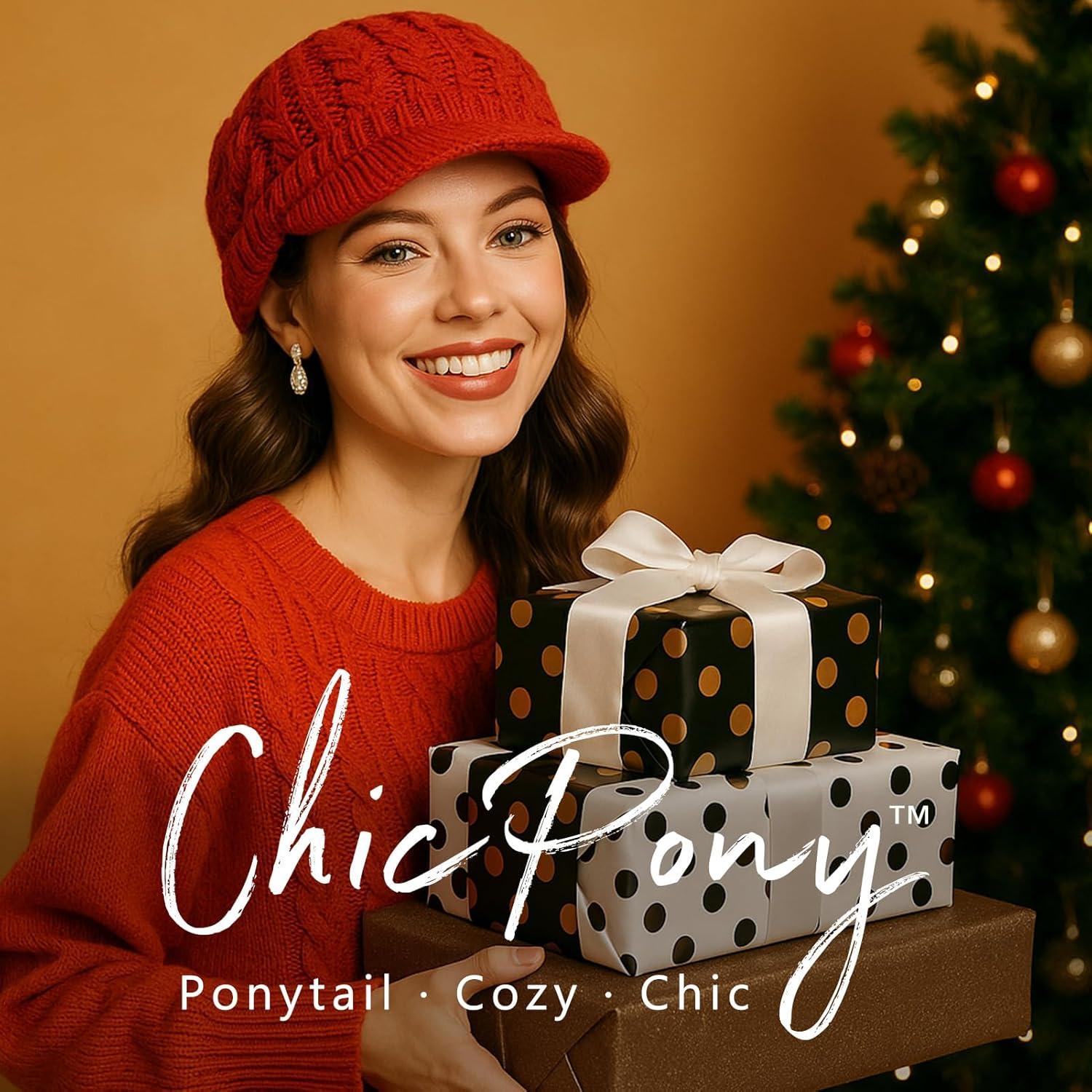 imageChicPony Merino Wool Visor Ponytail Beanie with Brim Fleece Lined 3 Bun Openings Hole Warm Windproof Knit Cap Winter HatMaple Redpony