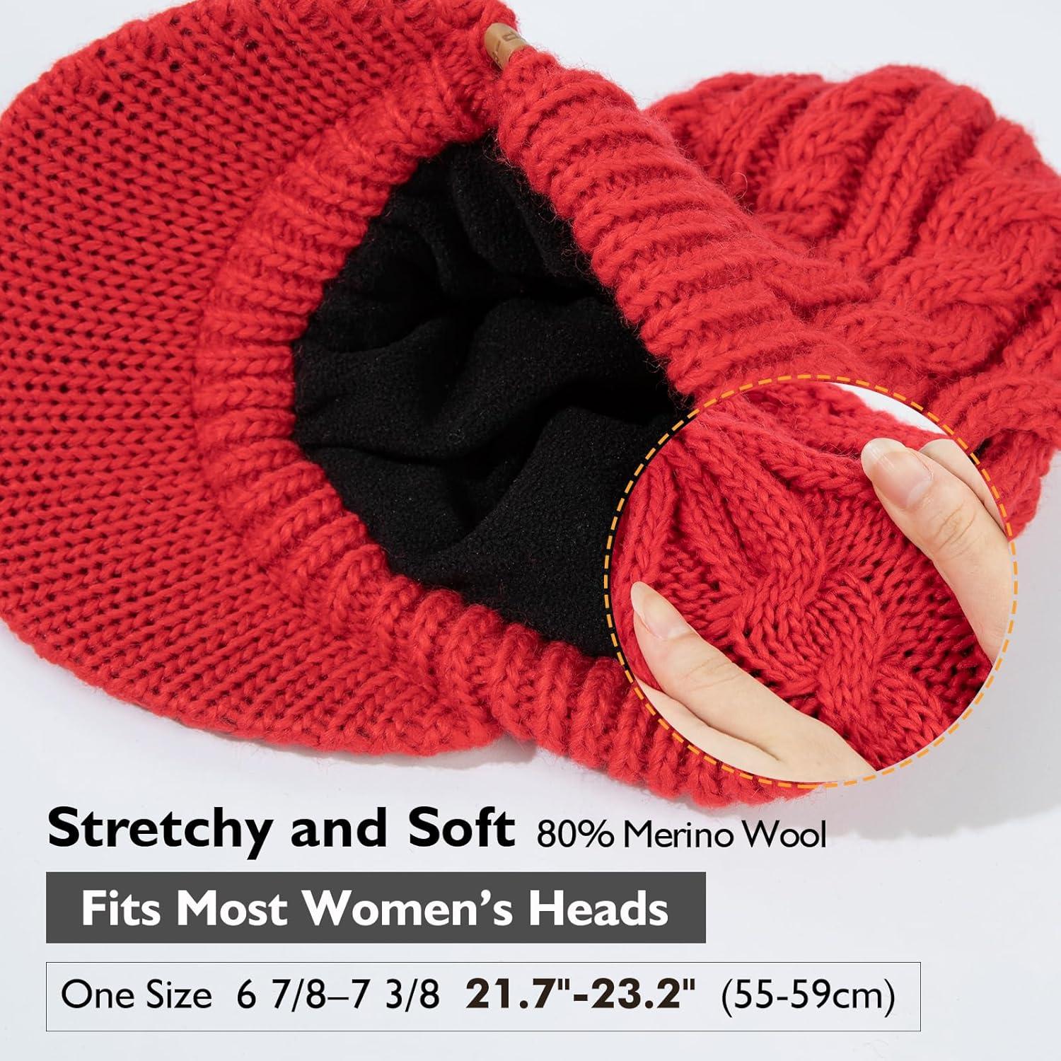 imageChicPony Merino Wool Visor Ponytail Beanie with Brim Fleece Lined 3 Bun Openings Hole Warm Windproof Knit Cap Winter HatMaple Redpony