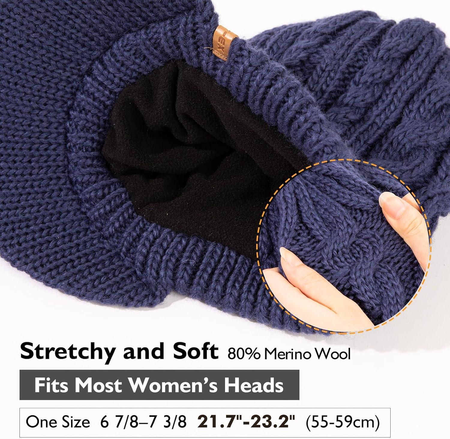 imageChicPony Merino Wool Visor Ponytail Beanie with Brim Fleece Lined 3 Bun Openings Hole Warm Windproof Knit Cap Winter HatMidnight Bluepony