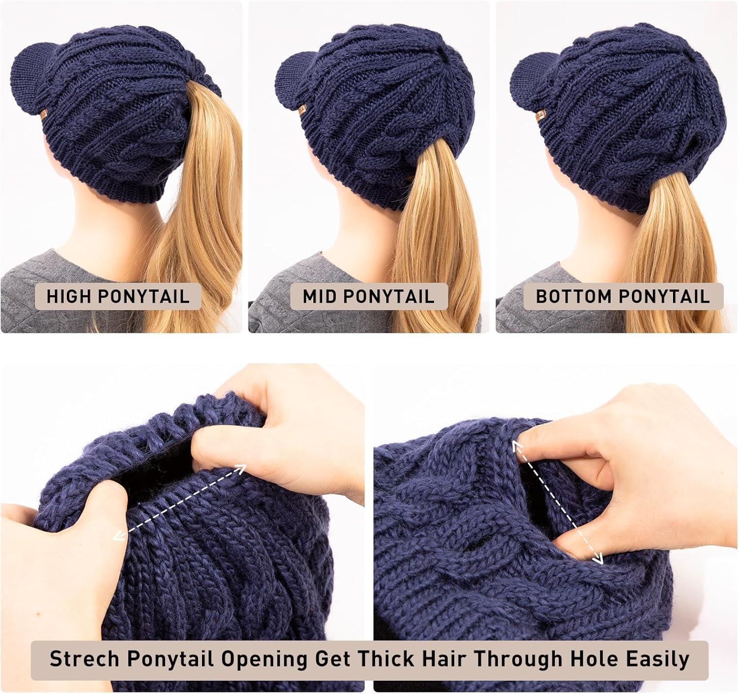 imageChicPony Merino Wool Visor Ponytail Beanie with Brim Fleece Lined 3 Bun Openings Hole Warm Windproof Knit Cap Winter HatMidnight Bluepony
