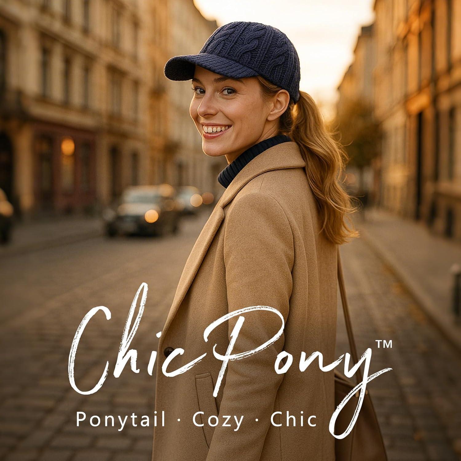 imageChicPony Merino Wool Visor Ponytail Beanie with Brim Fleece Lined 3 Bun Openings Hole Warm Windproof Knit Cap Winter HatMidnight Bluepony